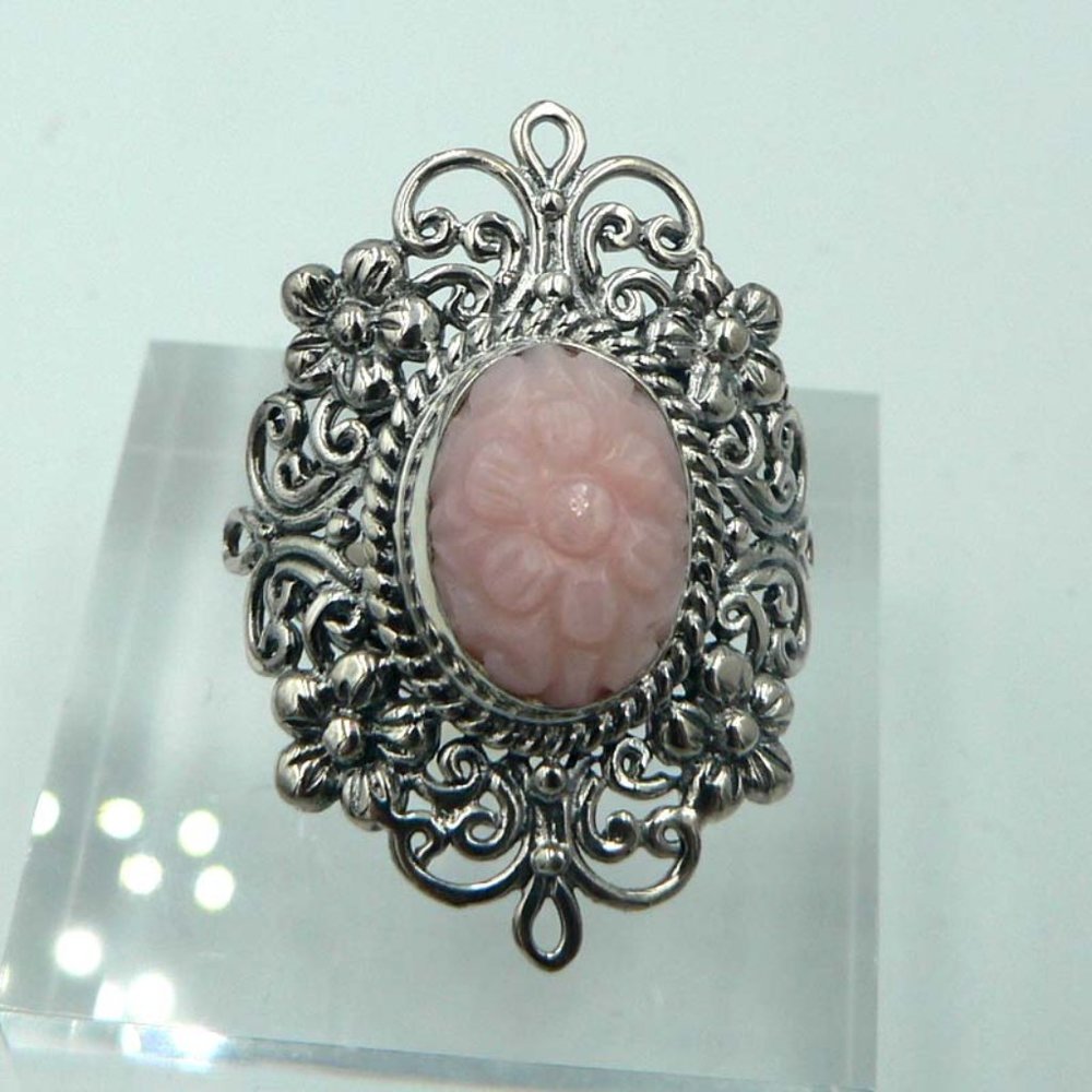“BLC” Sz 7 Genuine Pink Opal Carved Ring